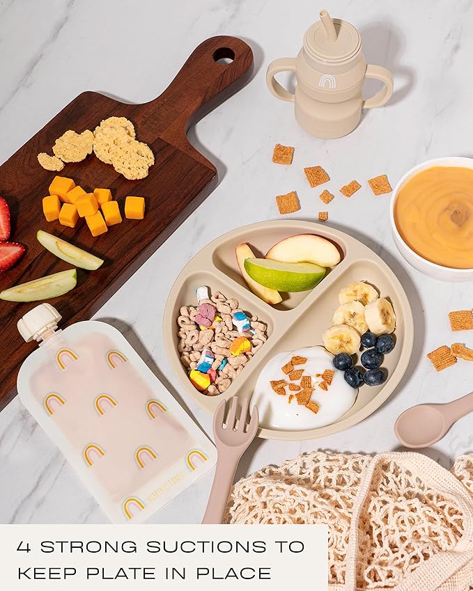 Hippypotamus Silicone Baby Feeding Set - Suction Toddler Plates, Weighted Toddler Cups & Baby-Safe Utensils - 100% Pure Food Grade Silicone - Set of 2 (Sage/Sand)