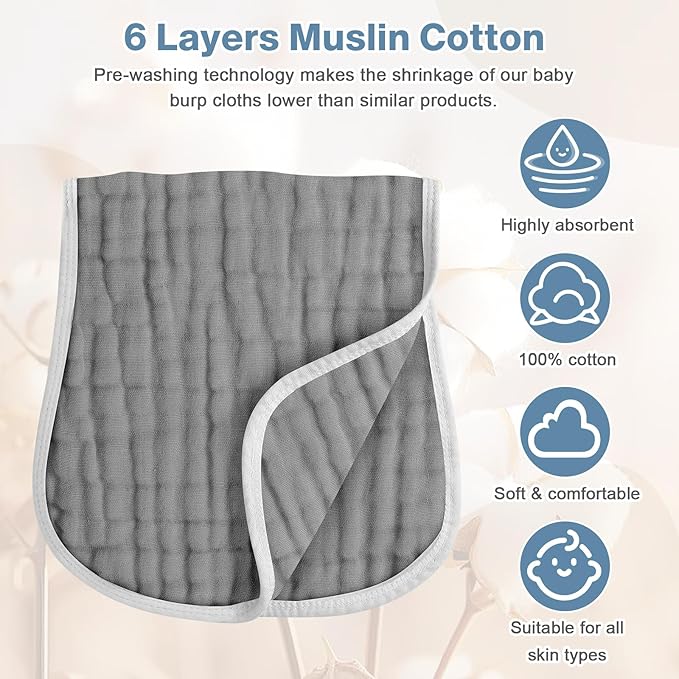 MUKIN Baby Muslin Burp Cloth Set of 6, Ultra Soft Absorbent Thick Cotton Burping Cloths for Unisex Newborn Babies, 20'' by 10'' Neutral Milk Spit Up Rags Boys Girls - Baby Must Haves. (Gradient Grey)