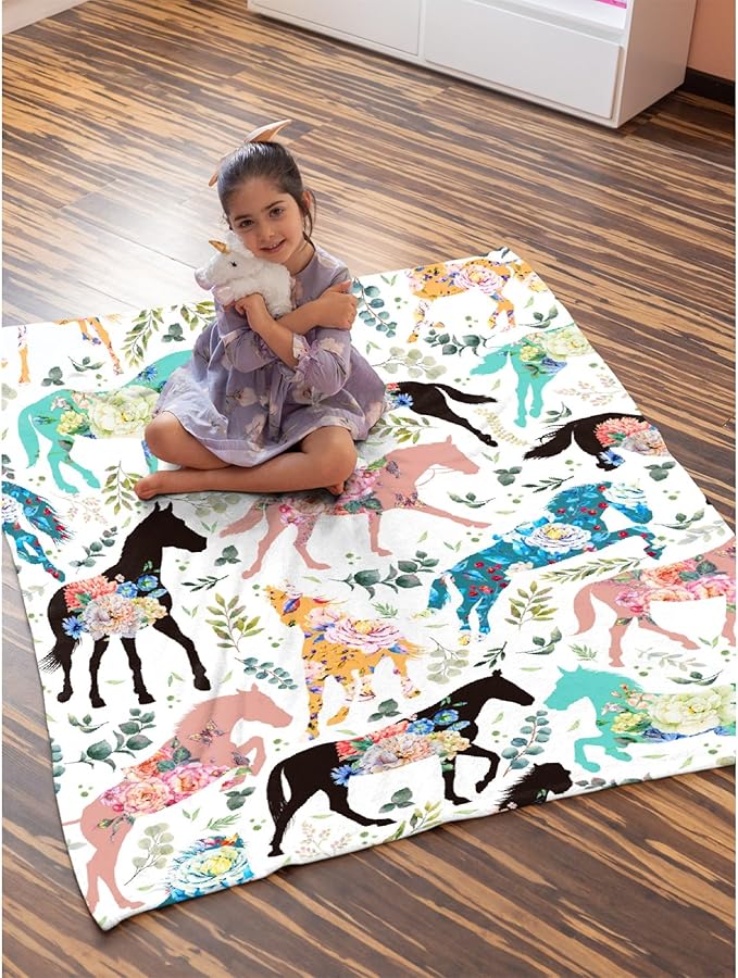 Colorful Floral Horse Blanket for Boys Girls, Flowers Animals Kids Throw Blanket Gift for Child, Fluffy Cozy Soft Lightweight Blankets for Bed Office, 40x50 Inches