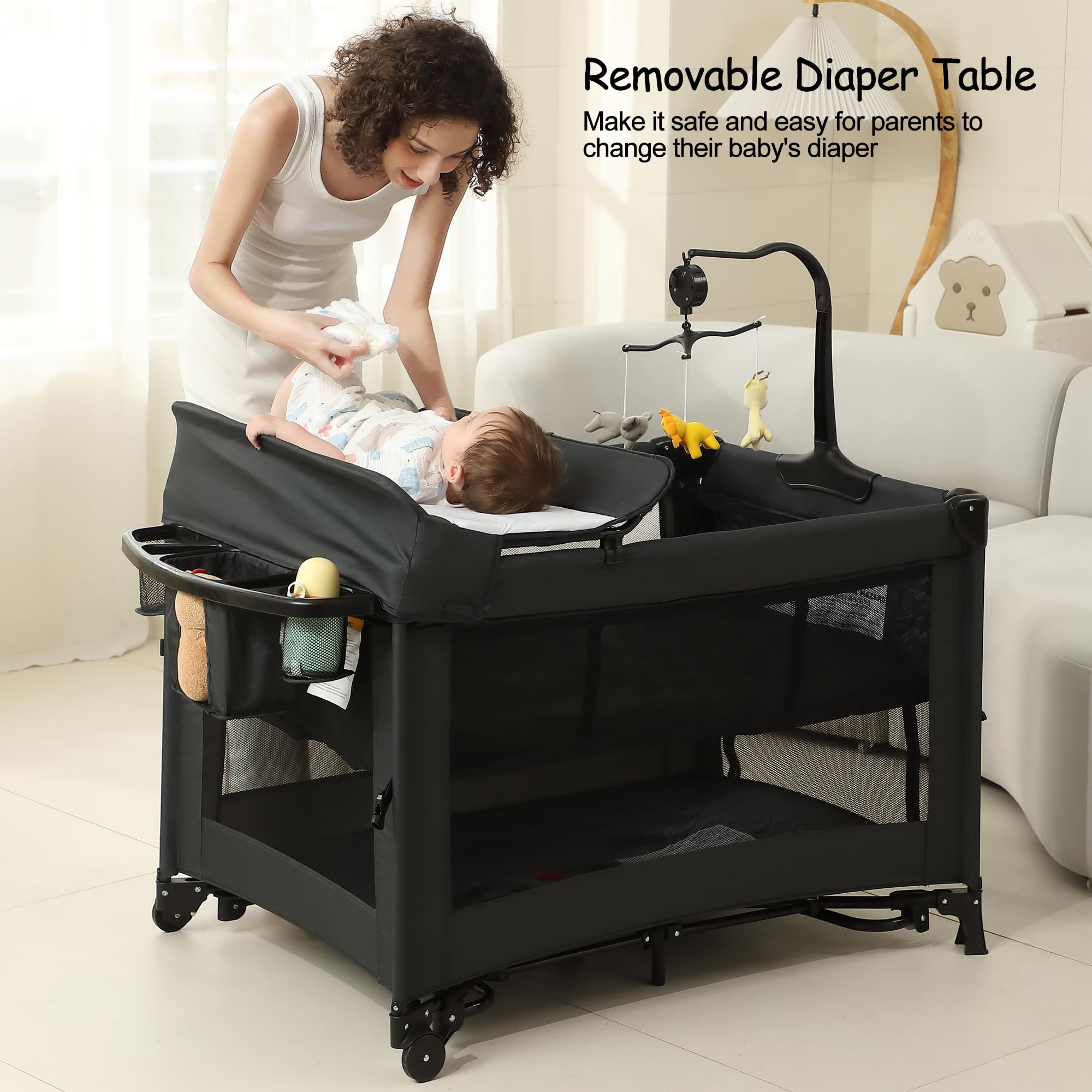 Pack and Play, Baby Bassinet Bedside Sleeper, Baby Playard with Changing Table, Foldable Travel Playard for Newborn to Toddlers (Black)