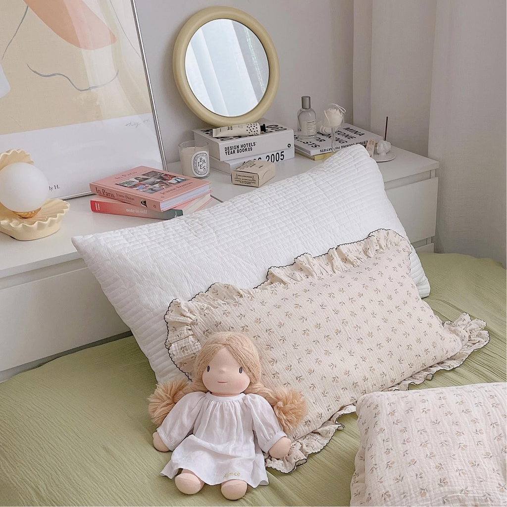 BuLuTu Cotton Muslin Kids Toddler Pillowcase Sprout Pattern, Shabby Chic Nursery Pillow Cover with Ruffle Edge, Soft Durable Travel Pillow Case for Boys Girls Bedding Decor, 14"x20",Machine Wash