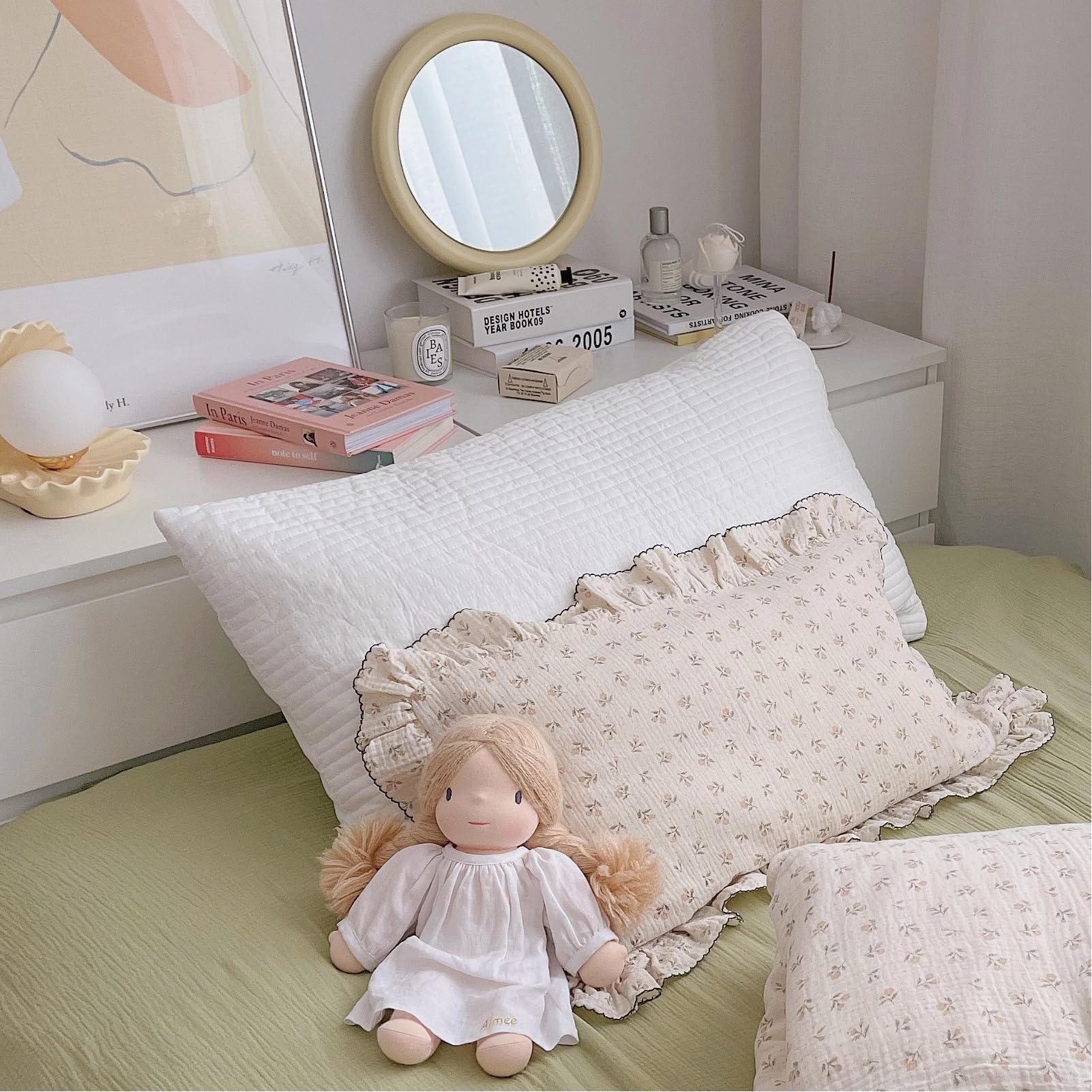 BuLuTu Cotton Muslin Kids Toddler Pillowcase Sprout Pattern, Shabby Chic Nursery Pillow Cover with Ruffle Edge, Soft Durable Travel Pillow Case for Boys Girls Bedding Decor, 14"x20",Machine Wash