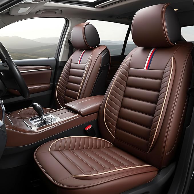 OASIS AUTO Car Seat Covers Premium Waterproof Faux Leather Cushion Universal Accessories Fit SUV Truck Sedan Automotive Vehicle Auto Interior Protector Front Pair (OS-001 Brown)