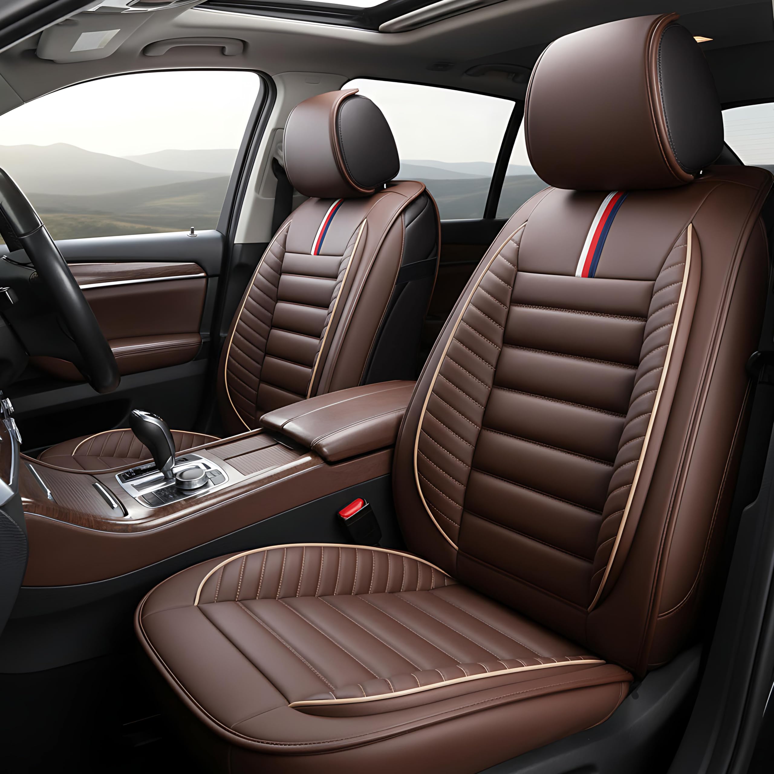 OASIS AUTO Car Seat Covers Full Set Premium Waterproof Faux Leather Cushion Universal Accessories Fit SUV Truck Sedan Automotive Vehicle Auto Interior Protector (OS-001 Brown)