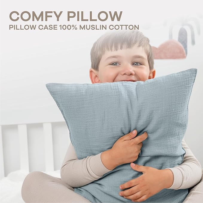 Comfy Cubs Toddler Pillow with Muslin Pillowcase, 13 x 18 in, 2 Pack - Travel and Sleep Support for Kids - Lightweight, Breathable Microfiber Fill - Soft & Cozy Small Pillow for Toddler Pacific Blue