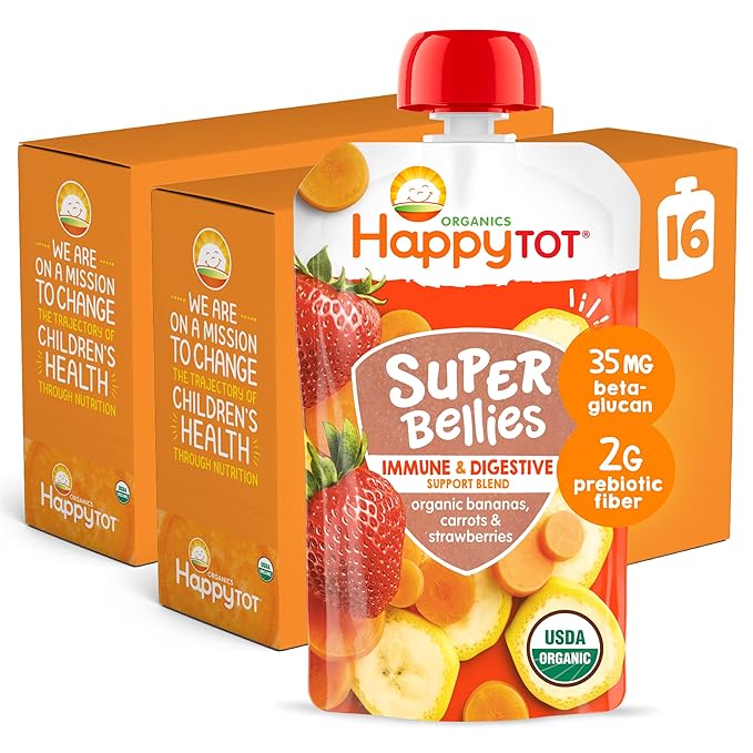 Happy Tot Organics Stage 4 Baby Food Pouches, Gluten Free, Vegan Snack, Super Bellies, Fruit & Veggie Puree, Banana, Carrot & Strawberry 4 Ounce (Pack of 16)