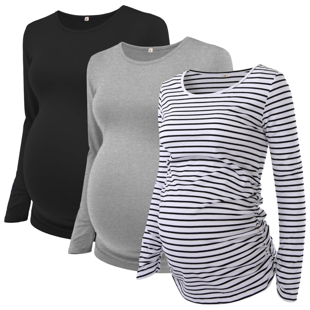 Ecavus Women's 3-Pack Maternity Shirts Long Sleeve Soft Stretchy Pregnancy Tops Side Ruched Casual Mama Clothes