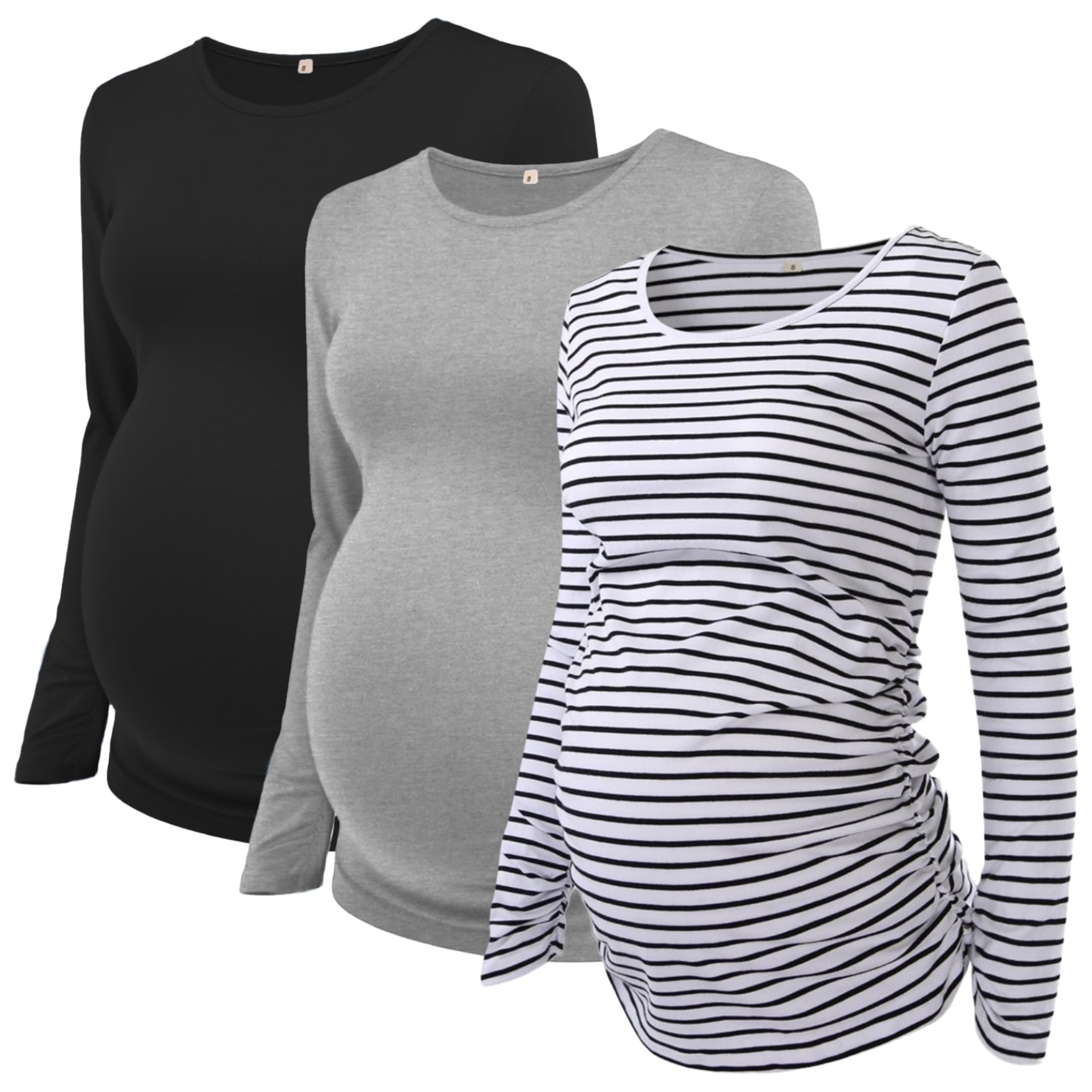 Ecavus Women's 3-Pack Maternity Shirts Long Sleeve Soft Stretchy Pregnancy Tops Side Ruched Casual Mama Clothes