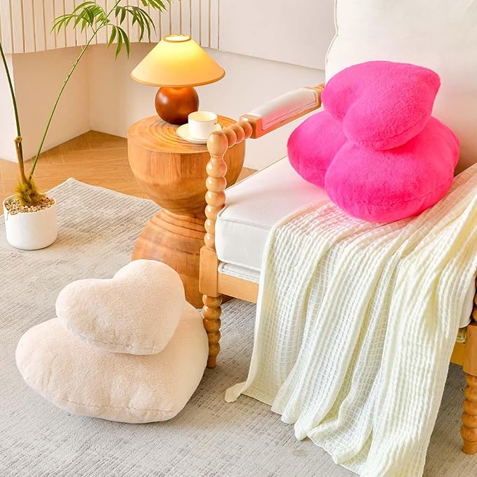 Beige Heart Pillows, Cute Heart Decorative Pillow, Heart Shaped Throw Pillows for Bed, Faux Rabbit Fur Plush Hoom Decor Pillow Cushion for Chair Sofa Living Room (Mini 12.9" x 9.8")
