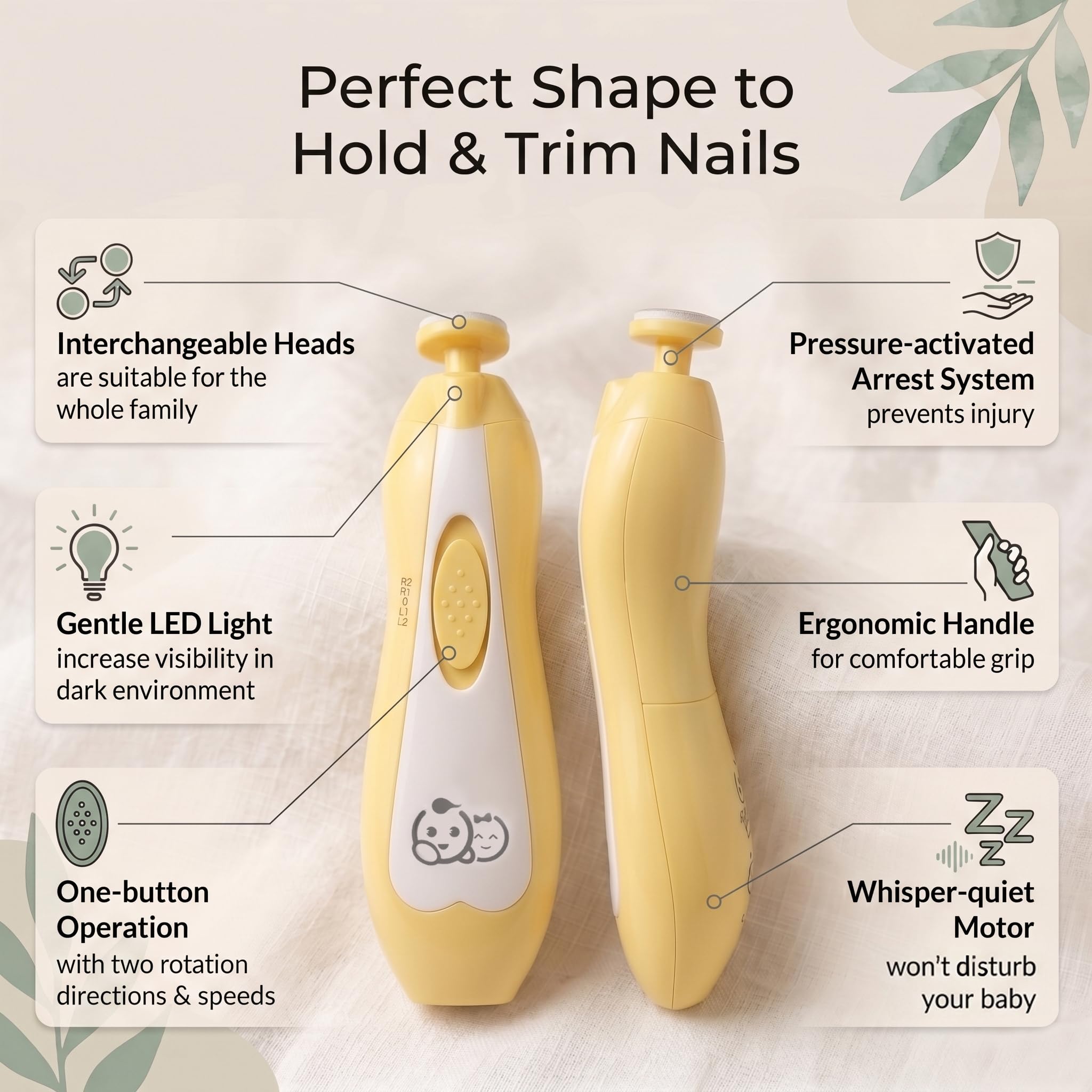 Royal Angels Upgraded 21 in 1 Baby Nail Trimmer with Labeled Case, 13 Extra Replacement Pads, Safe Electric Baby Nail File Kit for Newborn & Toddler, Whisper Quiet Nail Clipper with LED Light (Yellow)