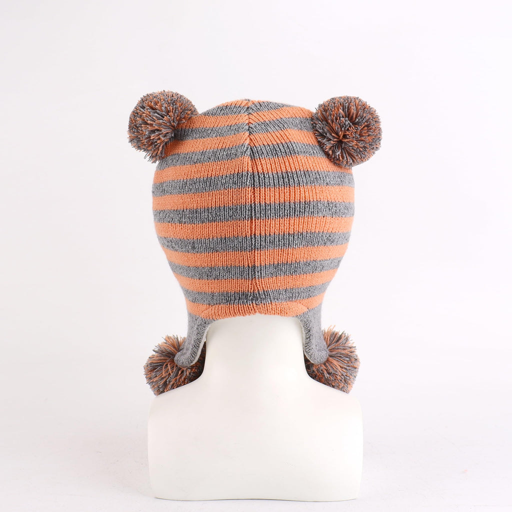 LANGZHEN Toddler Kids Infant Winter Hat,Earflap Knit Warm Cap Fleece Lined Beanie for Baby Boys Girls (Bear -Grey Orange Stripe, 2-4 T)