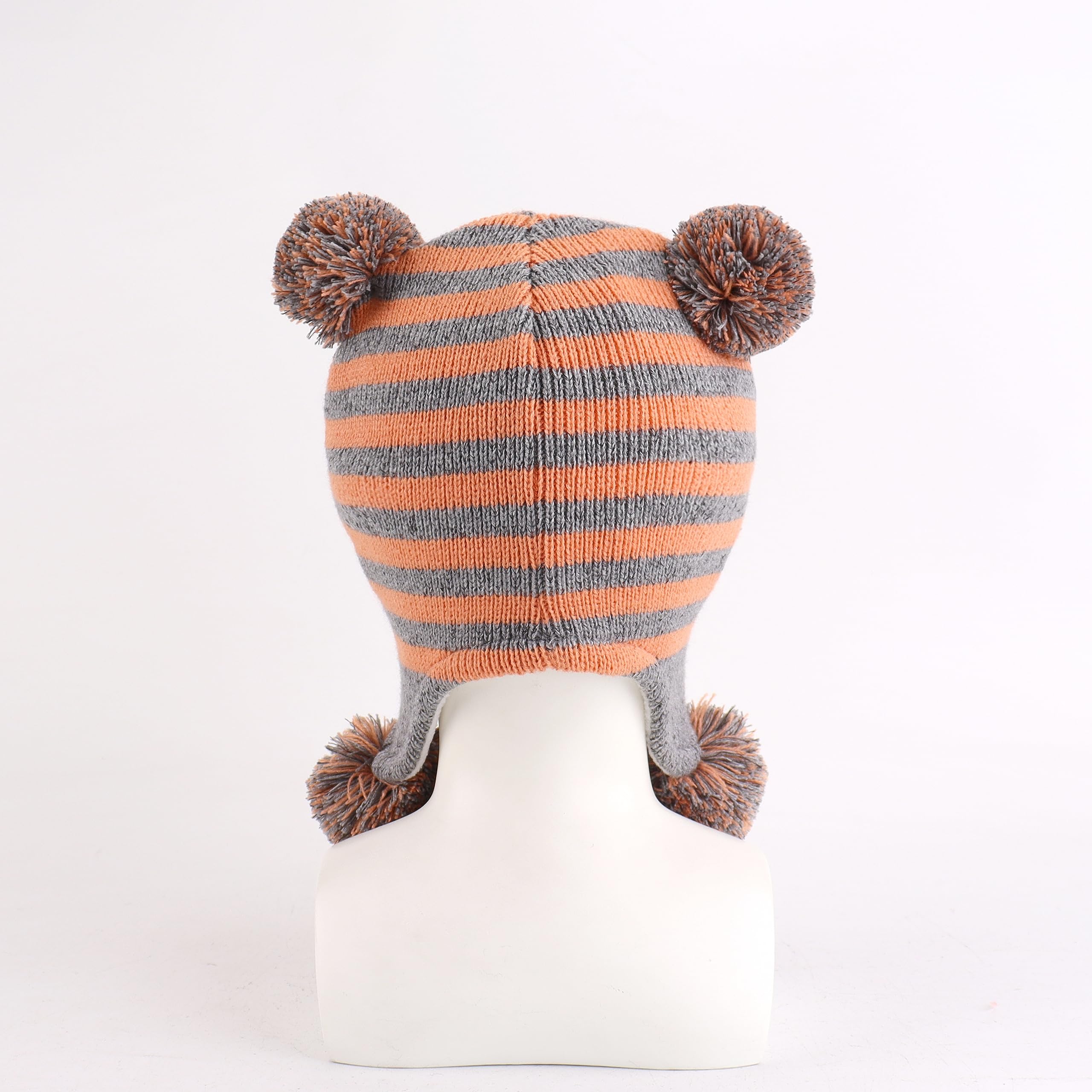 LANGZHEN Toddler Kids Infant Winter Hat,Earflap Knit Warm Cap Fleece Lined Beanie for Baby Boys Girls (Bear -Grey Orange Stripe, 2-4 T)