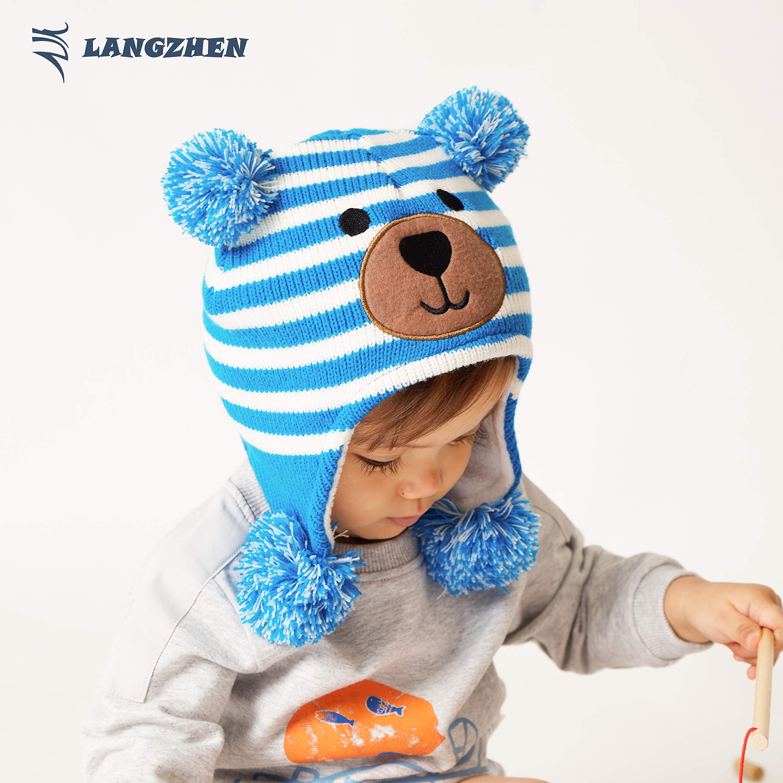 LANGZHEN Toddler Kids Infant Winter Hat,Earflap Knit Warm Cap Fleece Lined Beanie for Baby Boys Girls (Bear -Blue Stripe+Bear -Beige Stripe, 6-12 Months)