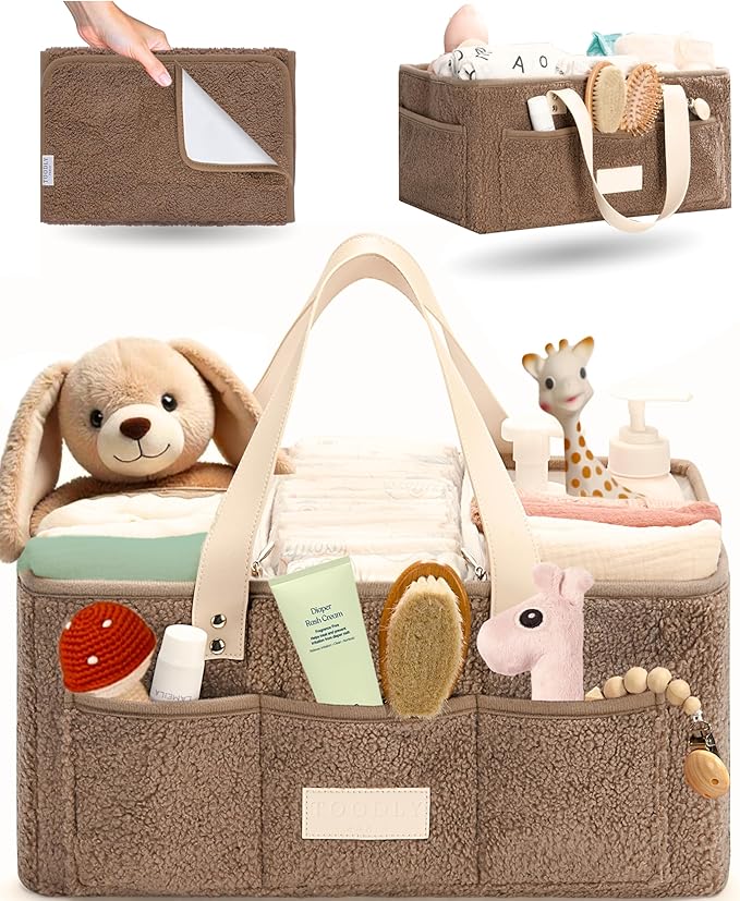 Baby Diaper Caddy Organizer with Portable Changing Mat - Teddy Fleece Diaper Organizer for Changing Table - Basket for Changing Essentials - Baby Essentials Organizer with Removable Dividers