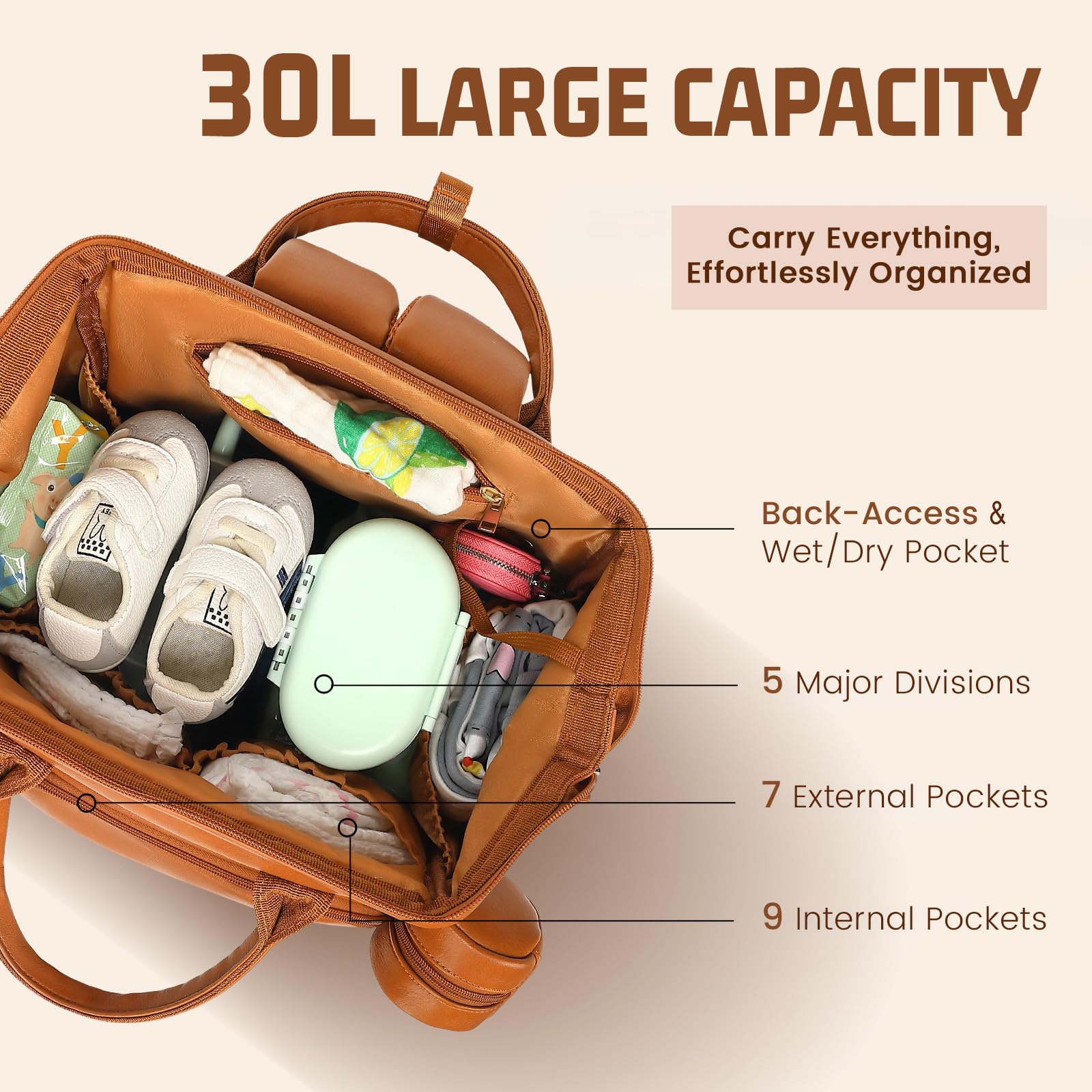ROSEGIN Premium Vegan Leather Diaper Bag Backpack with Waterproof Changing Pad – Reinforced Stitching & Zippers, Baby Bag for Boy Girl, Stroller Straps, Ergonomic Design for Traveling Moms, Brown