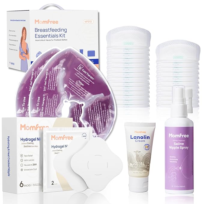 Breastfeeding Essentials Kit for Nursing Moms Nipple Relief,60 Piece Gift Set with Reusable Hot and Cold Breast Therapy Packs/Hydrogel Nipple Pads/Lanolin Nipple cream/Nursing Pads/Nipple Saline Spray