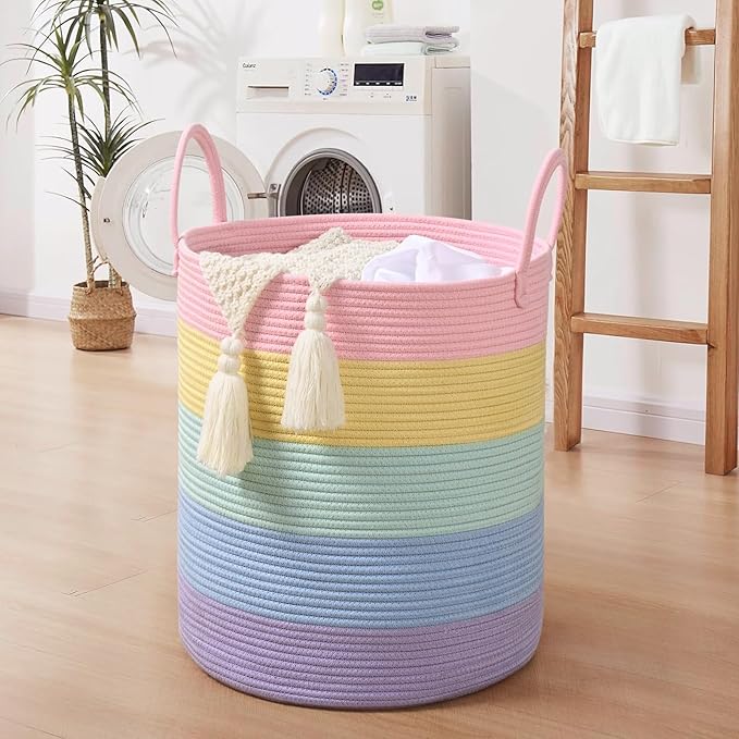 52L Rainbow Storage Basket for Organizing, 15"×18" Large Tall Laundry Baskets, Cotton Rope Woven Blanket Basket, Toy Storage for Kids, Collapsible Laundry Hamper for Living Room, Nursery Room