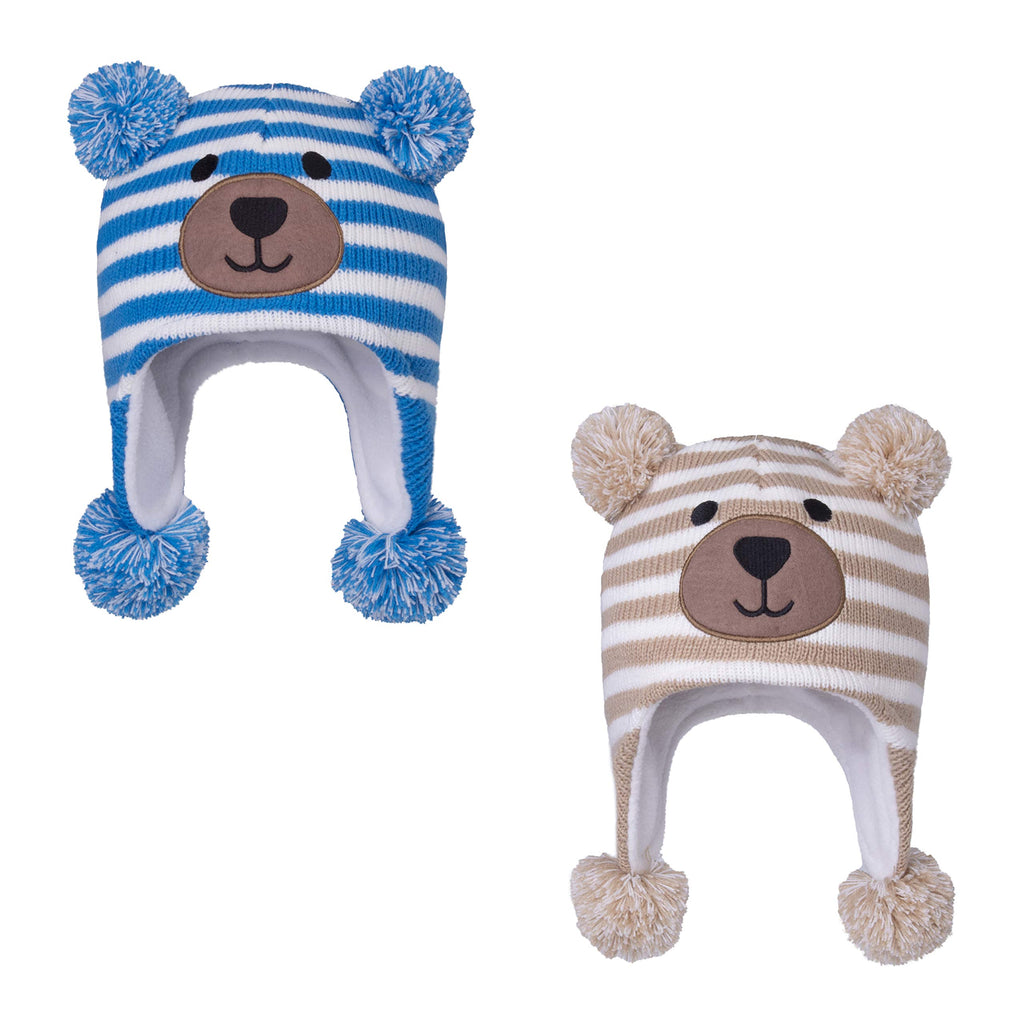 LANGZHEN Toddler Kids Infant Winter Hat,Earflap Knit Warm Cap Fleece Lined Beanie for Baby Boys Girls (Bear -Blue Stripe+Bear -Beige Stripe, 6-12 Months)