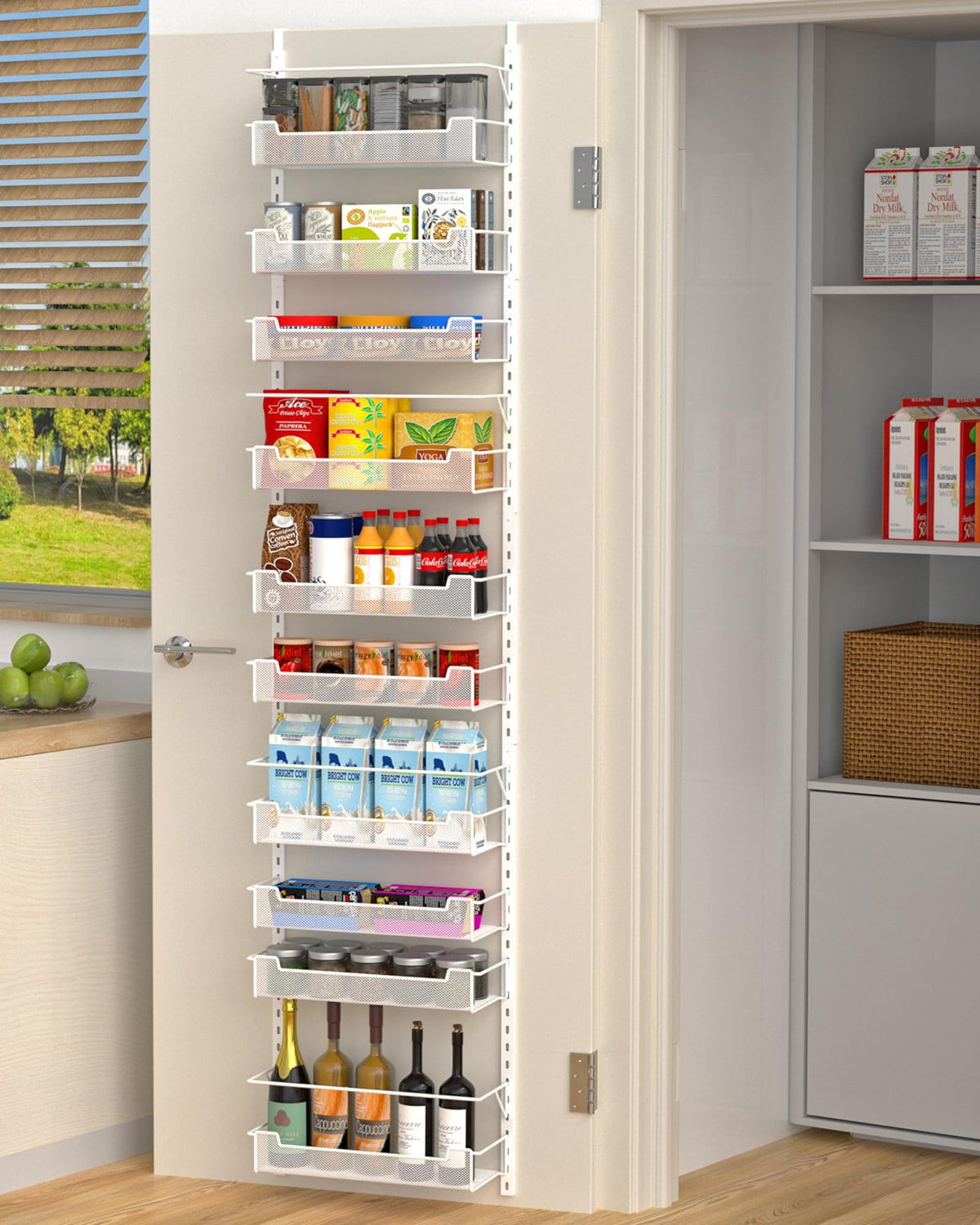 VyGrow 12.3" W Narrow Over the Door Pantry Organizer, 8-Tier Over the Door Organizer with Adjustable Basket, Pantry Door Organization for Pantry Kitchen Storage Room Spice Rack, White