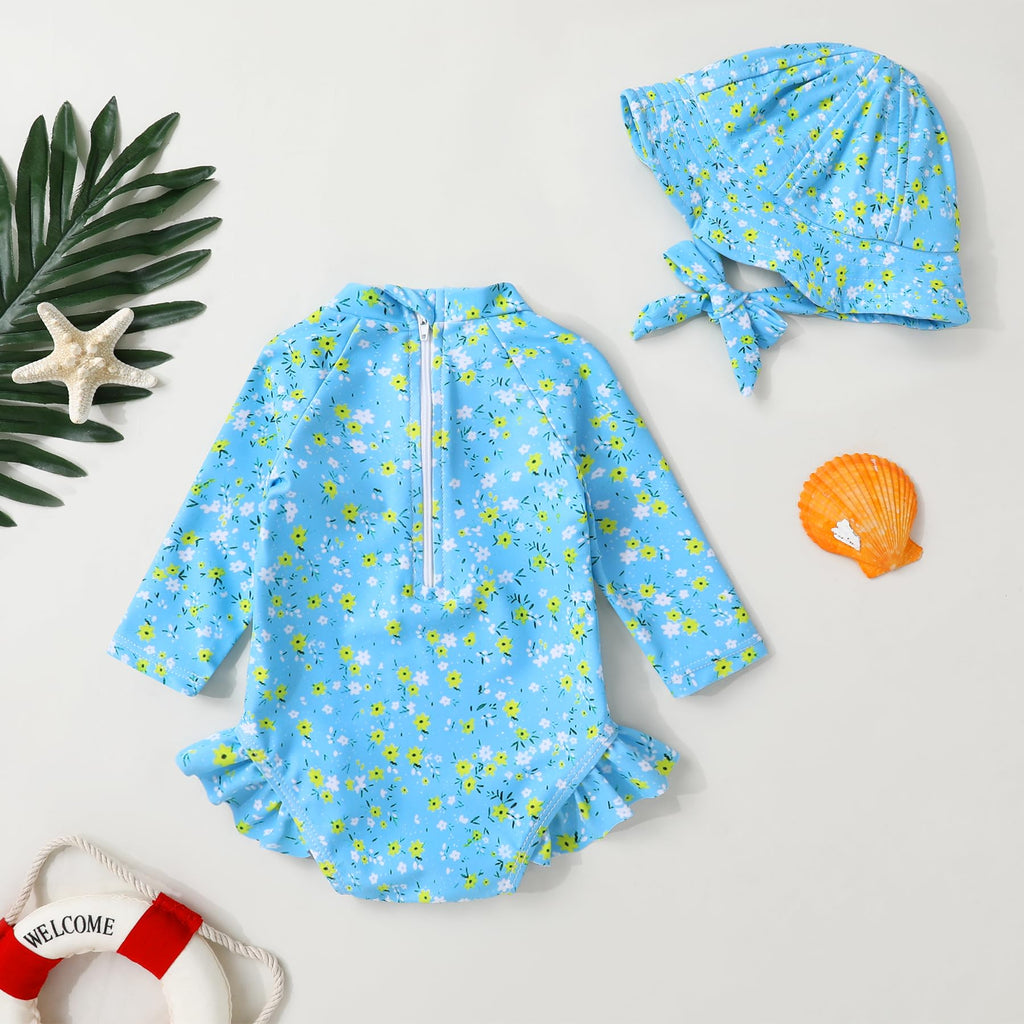 Infant Baby Girl Swimsuit One-Piece Long Sleeve Rash Guard with Hat Set Floral Zipper Bathing Suit Leopard Beach Wear