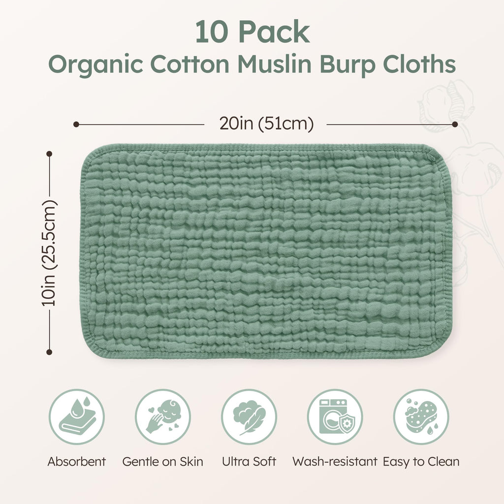 Yoofoss Muslin Burp Cloths for Baby 10 Pack 100% Organic Cotton Baby Washcloths for Boys Girls Large 20''X10'' Super Soft and Absorbent Gradient Green