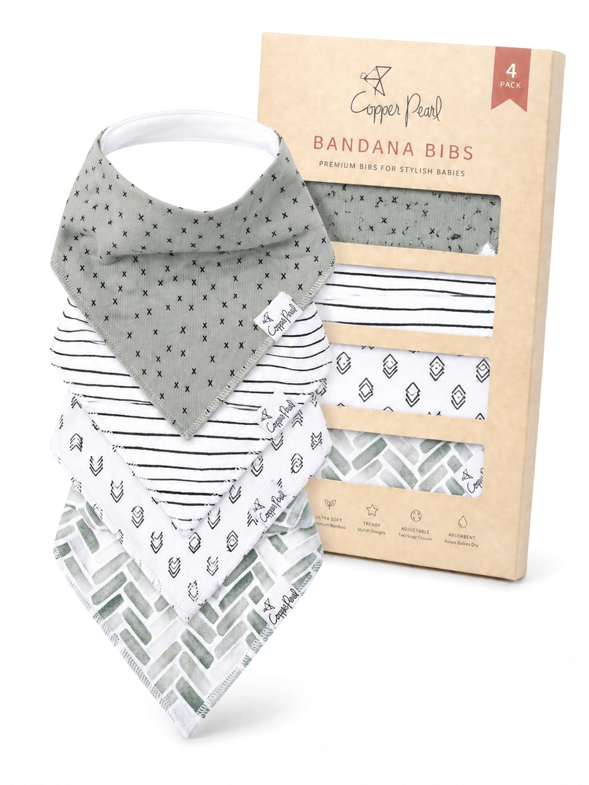 Copper Pearl Baby Bibs for Baby Boy or Girl – Bandana Drool Bibs for Teething, Absorbent Bibs for Eating, Newborn to Toddler, 4 Pack, Black Basics