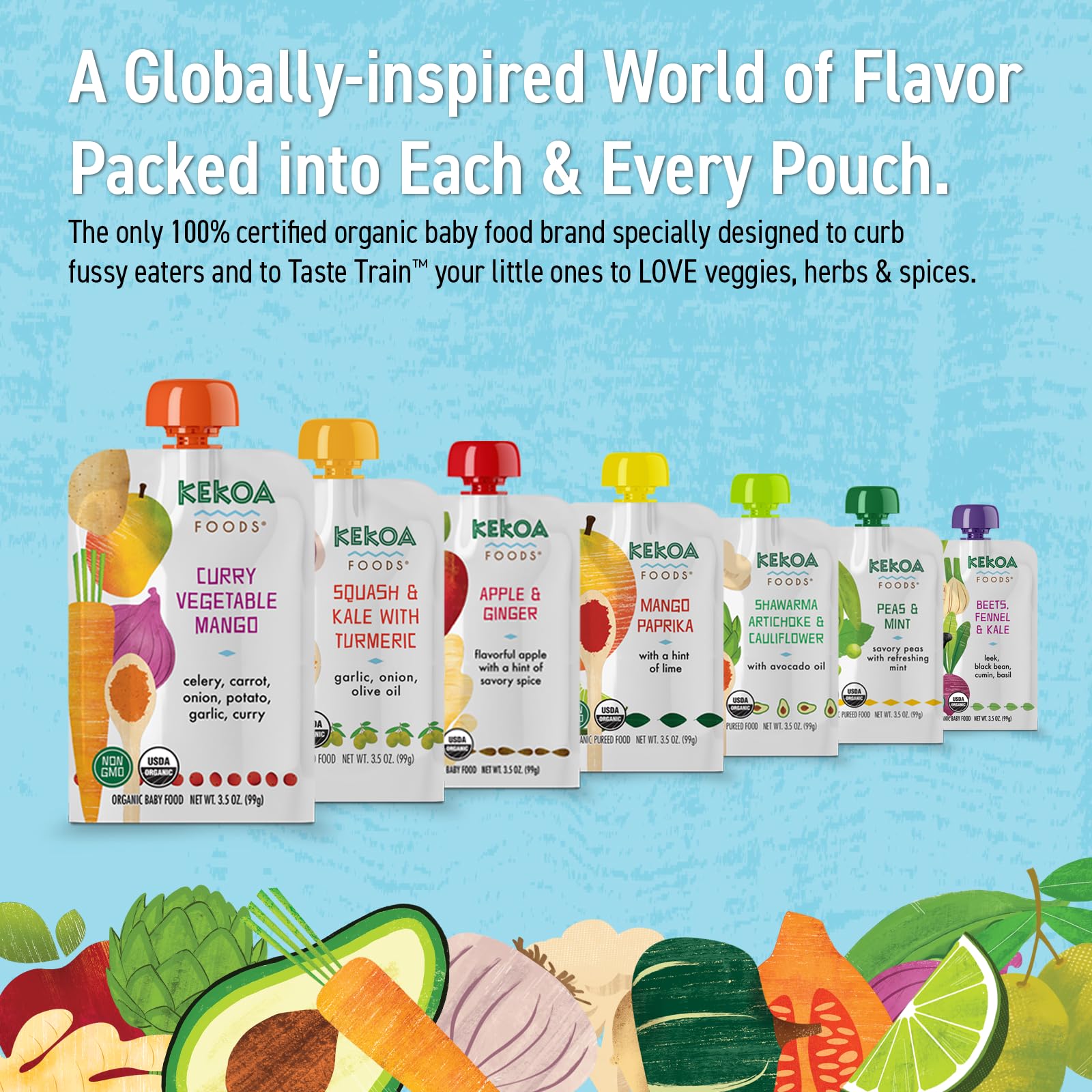 Kekoa Foods Curry Vegetable Mango Baby Food Purée | 100% USDA Certified-Organic, No Sugar Added | Organic, Non-GMO, Gluten-Free, Vegan | Mild Curry with Celery, Carrot & Potato | 3.5 oz Squeeze Pouch