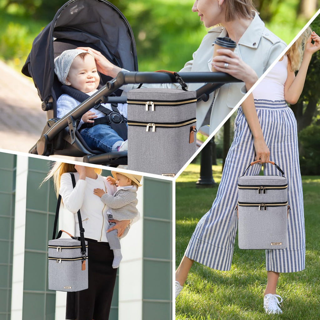 BABEYER Breastmilk Cooler Bag with Ice Pack Fits 6 Baby Bottles Up to 9 Ounce, Double Deck Leak-Proof Baby Bottles Bag with Shoulder Strap for Nursing & Working Mom, Grey