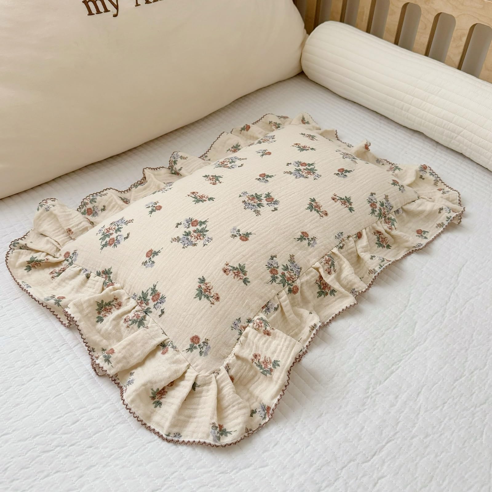 BuLuTu Kids Toddler Muslin Pillowcase Girls Boys Shabby Chic Floral Pillow Cases for Standard Pillow 20"x26", Kids Cotton Pillow Covers, 1 Pack, Envelope Closure, Machine Washable