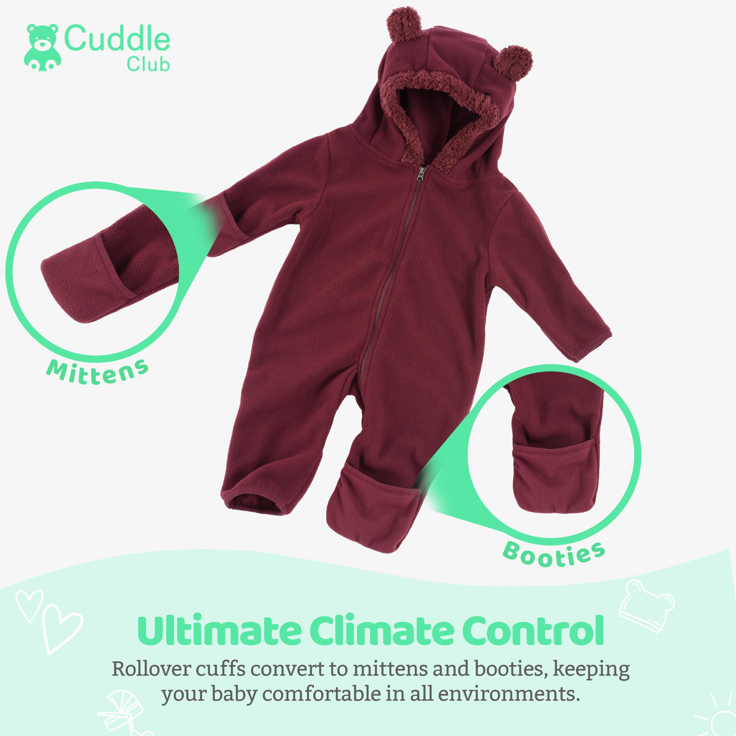 Cuddle Club Fleece Baby Bunting Bodysuit – Infant One Piece Kids Hooded Romper Outerwear Toddler Jacket