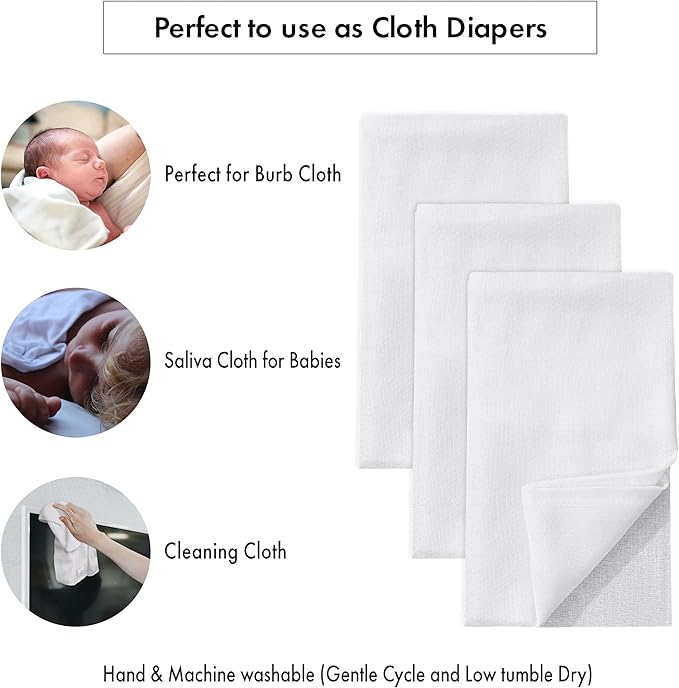 RUVANTI Unisex Birdseye Flat-Fold Cloth Diapers for Babies 3 Pack, 100% Cotton Reusable Diaper Inserts 23x23 Inches, White