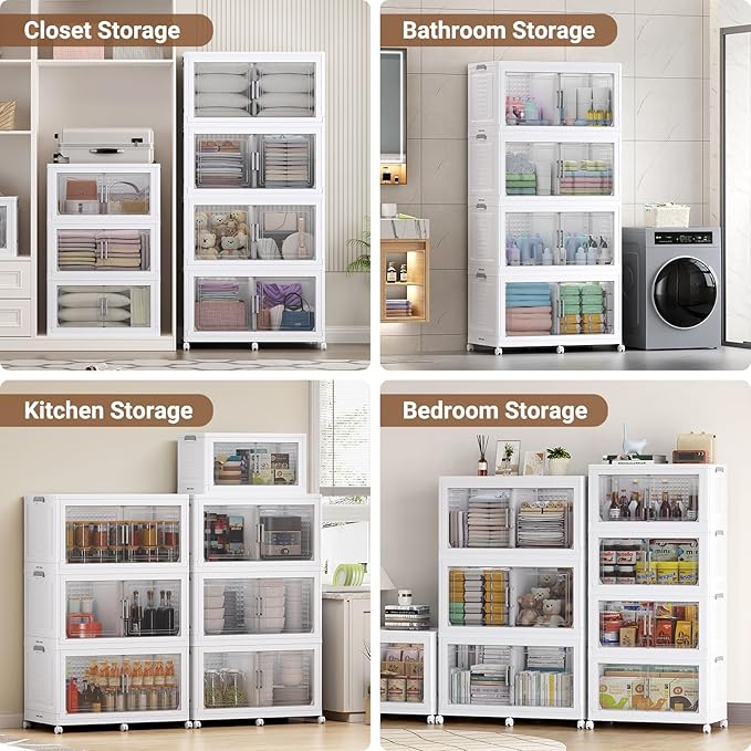 BROVIEW 600Qt Plastic Storage Bins with Lid and Wheels, 3Pack Extra Large Stackable Storage Bins with Dividers,Closet Organizers and Storage Cabinet Collapsible Box Shelves for Home Kitchen,White