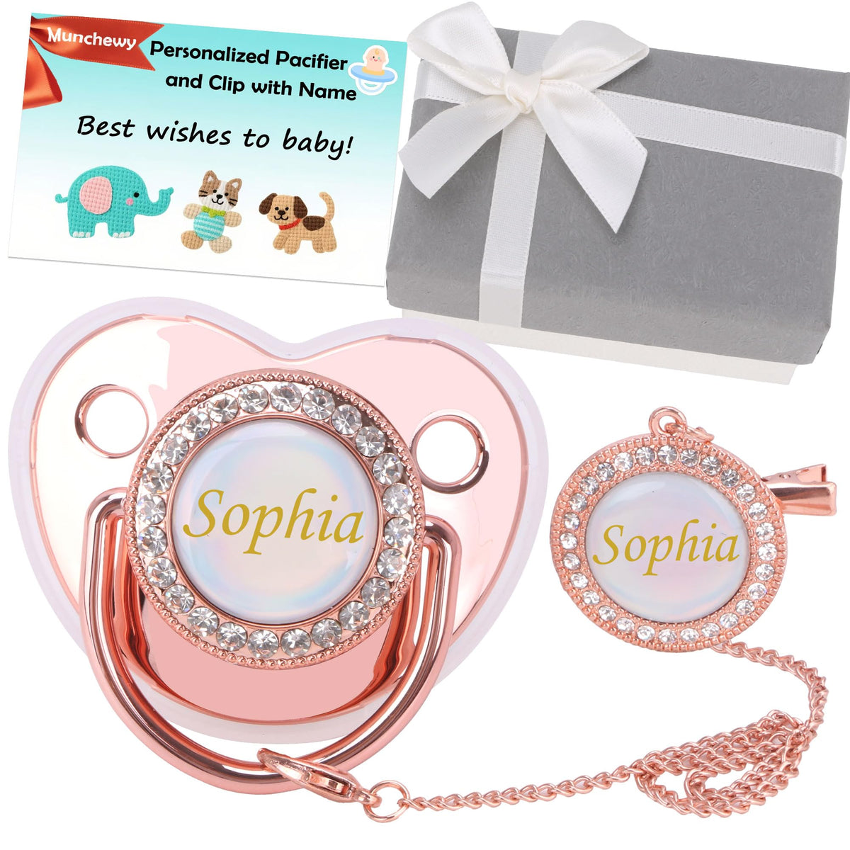 Munchewy Custom Baby Pacifier with Name and Clip for Newborns(White)