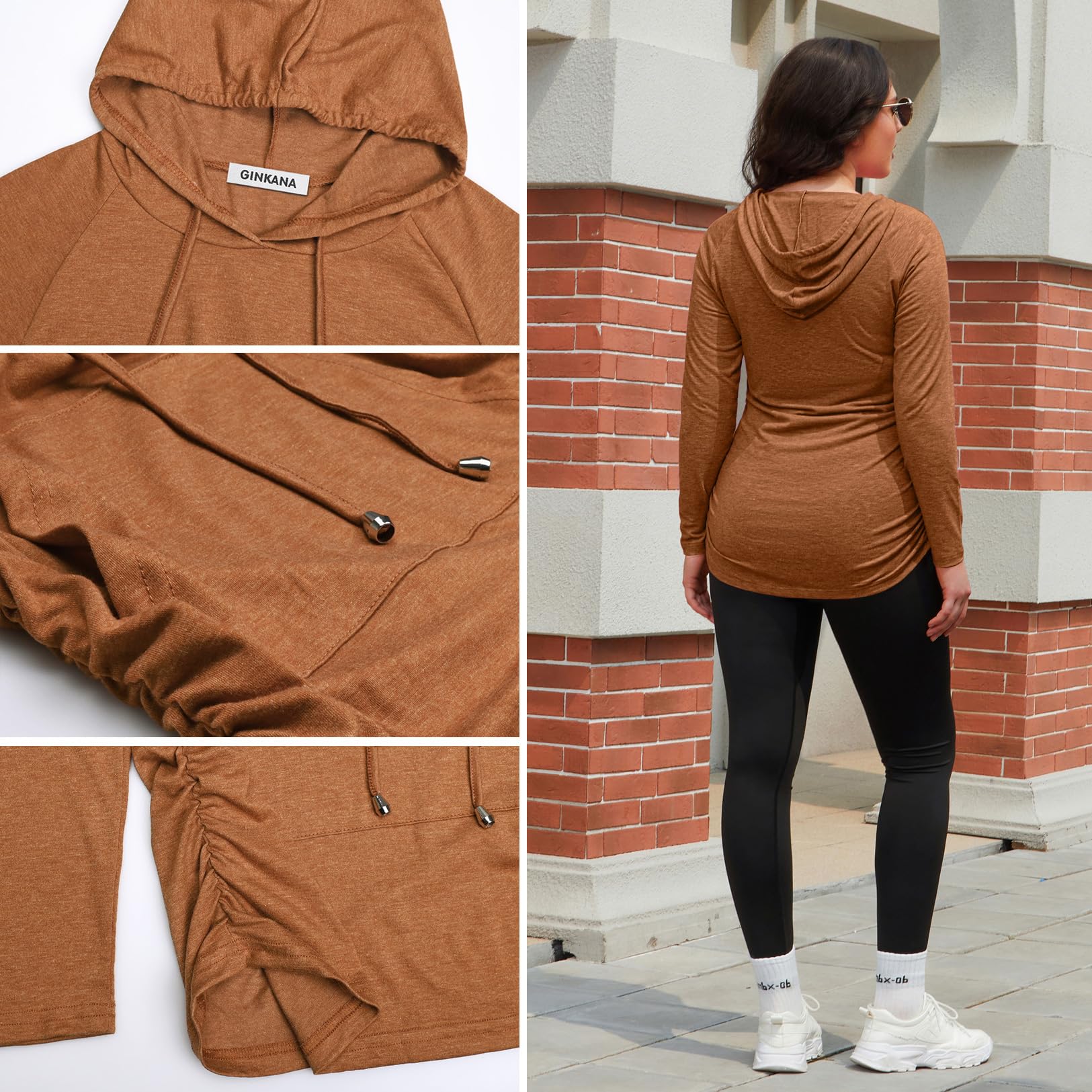 GINKANA Maternity Long Sleeve Hooded Sweatshirt Lightweight Maternity Casual Hoodie Long Sleeve Tunic Top,Dark Orange,XL