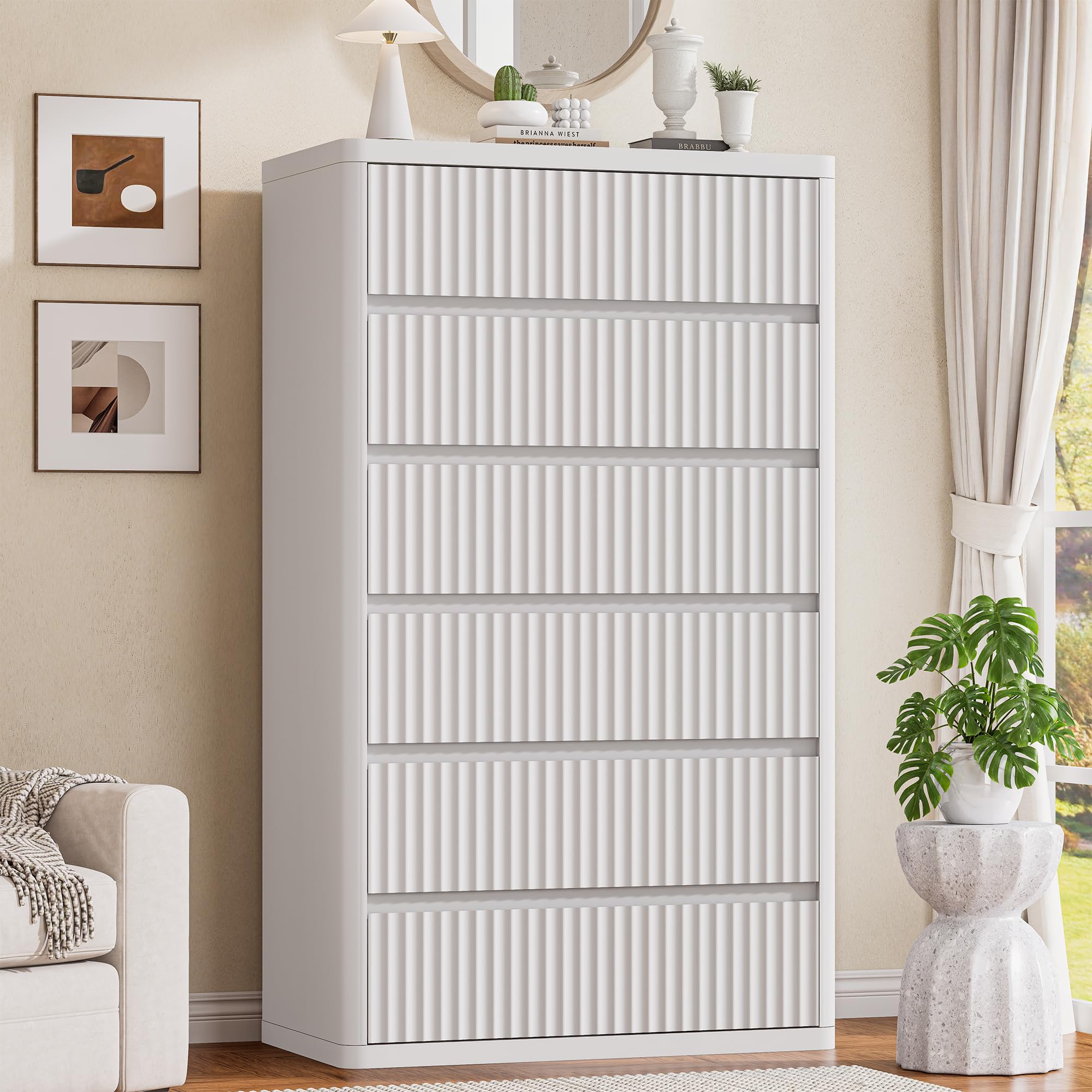 Standifurno 56" Tall Dresser for Bedroom, White Fluted Dresser with 6 Deep Drawers, Modern Chest of Drawers with Curved Profile, Handleless, Wooden Drawer Organizer for Living Room, Hallway, Closet
