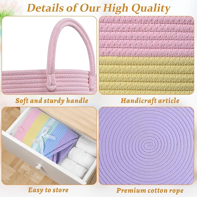52L Rainbow Storage Basket for Organizing, 15"×18" Large Tall Laundry Baskets, Cotton Rope Woven Blanket Basket, Toy Storage for Kids, Collapsible Laundry Hamper for Living Room, Nursery Room