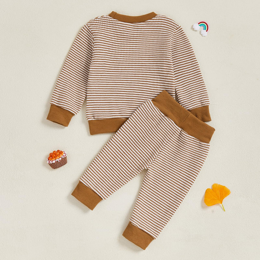 Fufuriprefer Toddler Baby Boy Fall Clothes Waffle outfit Long Sleeve Top Jogger Pant Set (Dark Khaki, 12-18 Months)