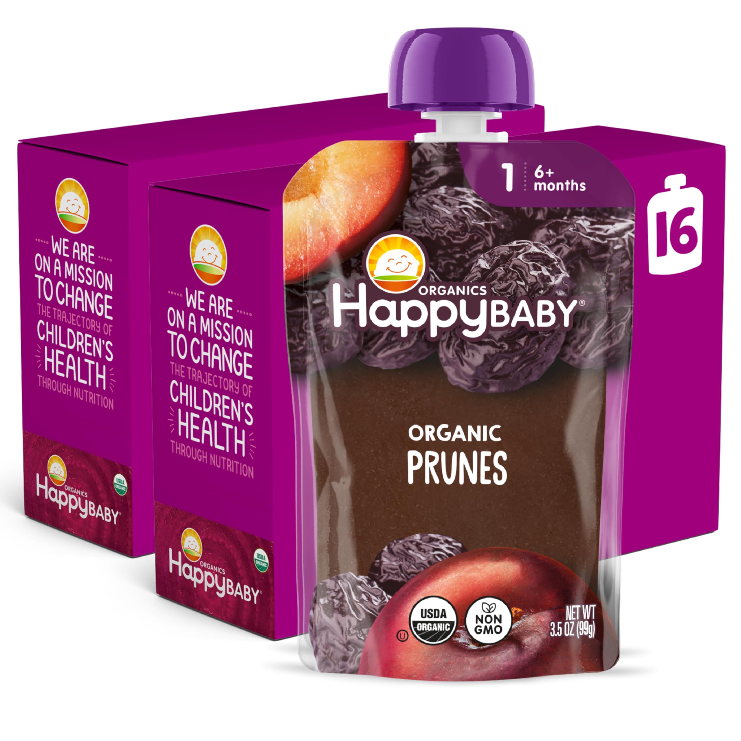 Happy Baby Organics Clearly Crafted Stage 1 Baby Food Pouches, Prunes, 3.5 Ounce Pouch (Pack of 16)