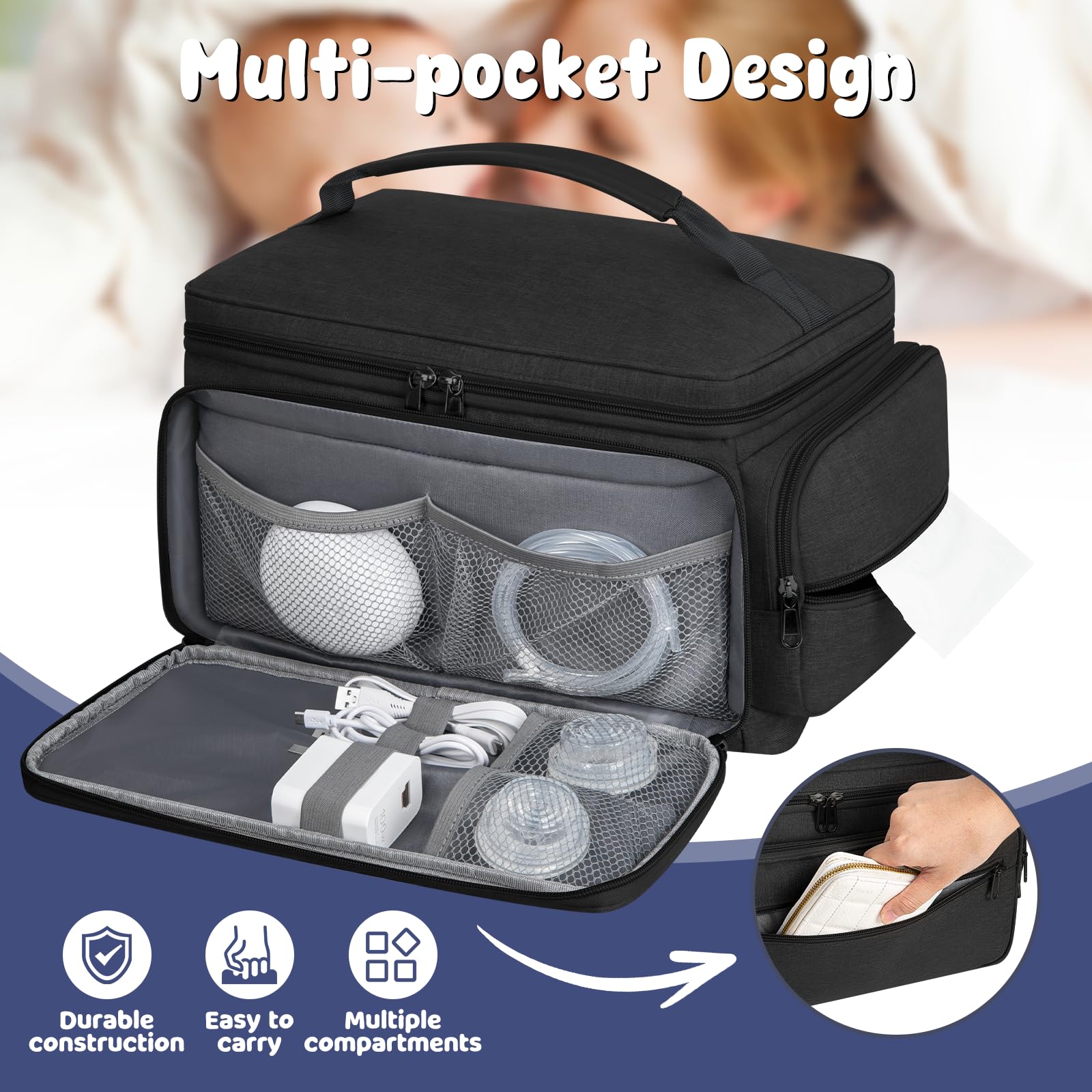 OCKLILY Breast Pump Bag for Spectra S1 S2, Pumping Bag with Waterproof Mat for Pumps Accessories, Portable Pump Carrying Case for Work, Travel and Family Use, Black