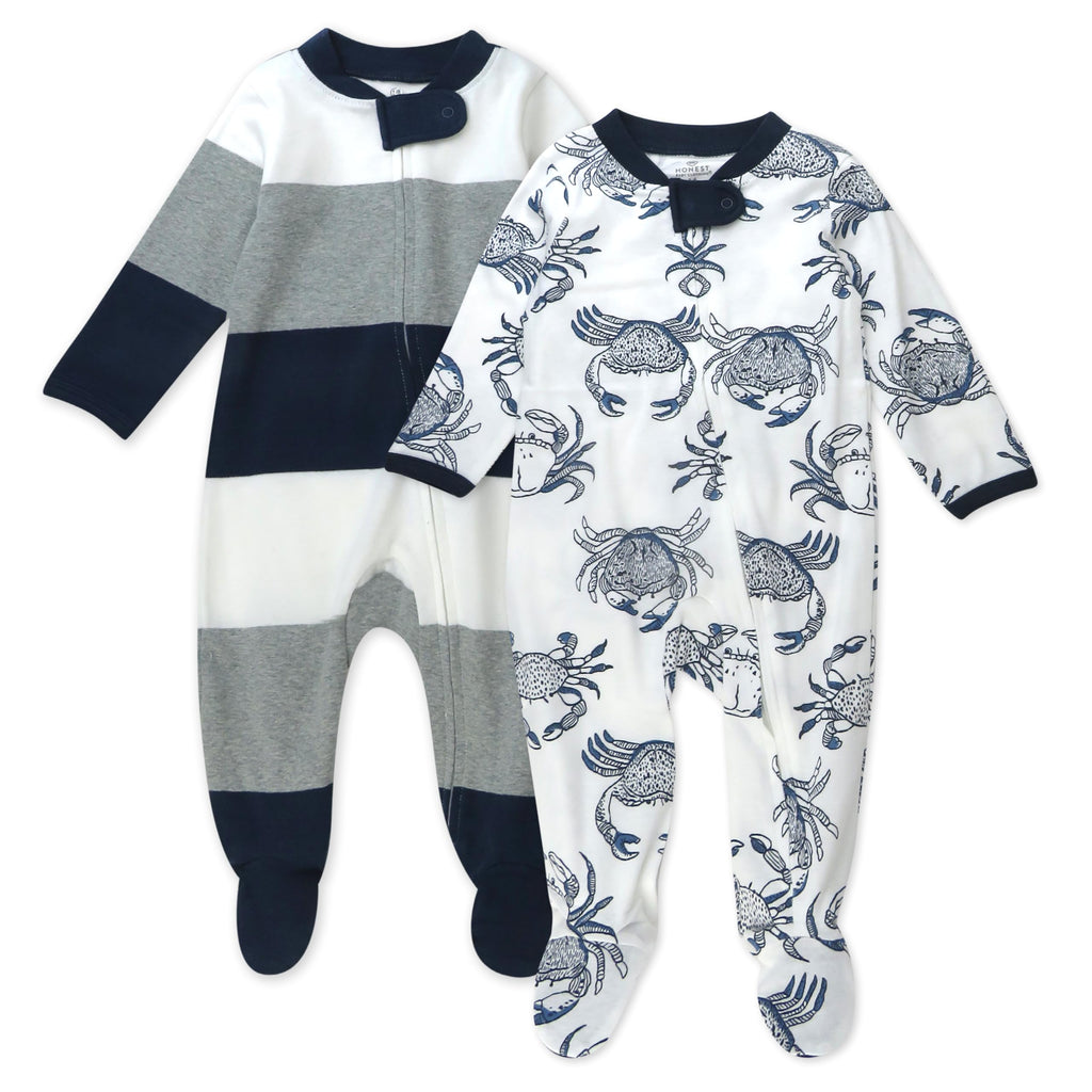 HonestBaby Sleep and Play Footed Pajamas One-Piece Sleeper Jumpsuit Zip-front PJs Organic Cotton for Baby Boys, Unisex, Crabs, 3-6 Months