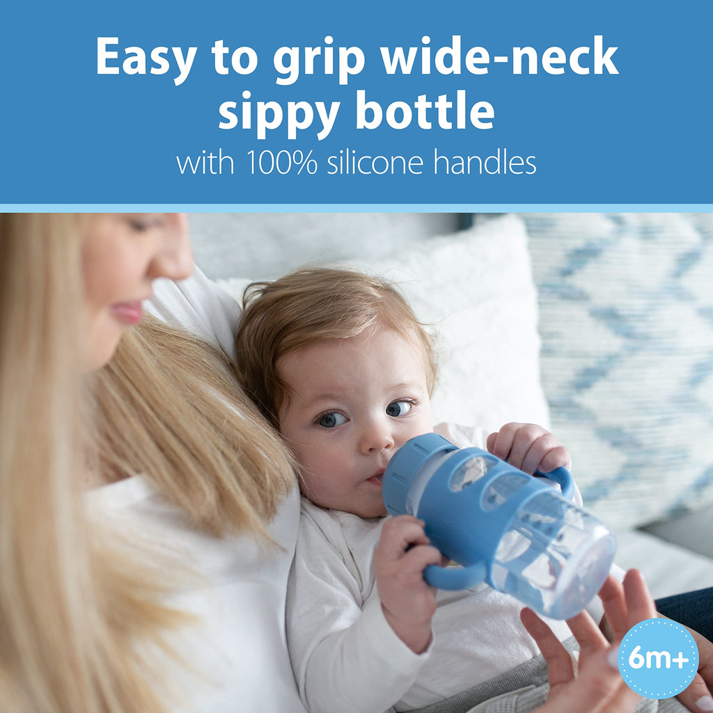 Dr. Brown's Wide-Neck Sippy Spout Bottle with Handles, Blue & Gray, 2-Pack