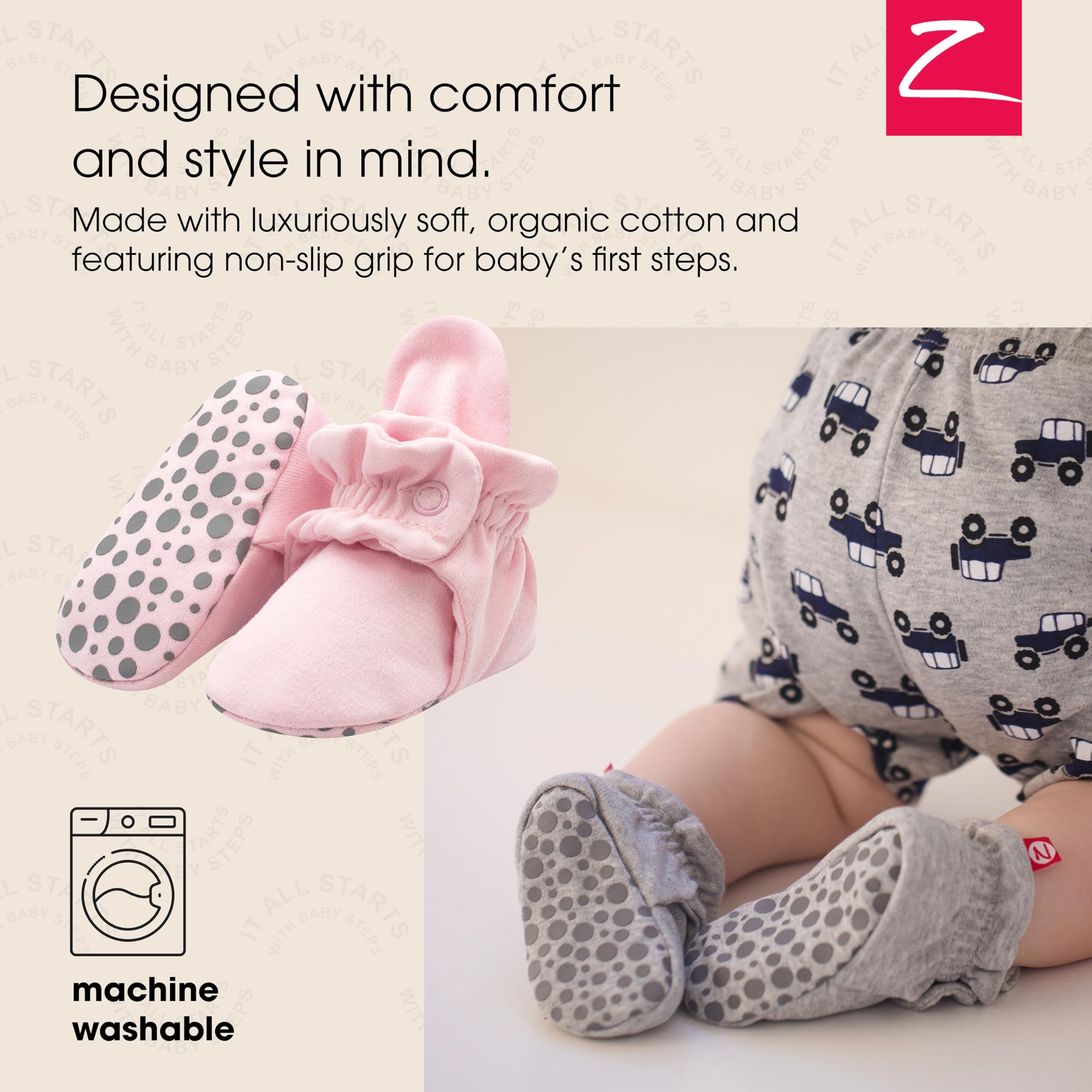 Zutano Unisex Organic Cotton Baby Booties With Gripper Soles, Baby Pink Solid, 6M