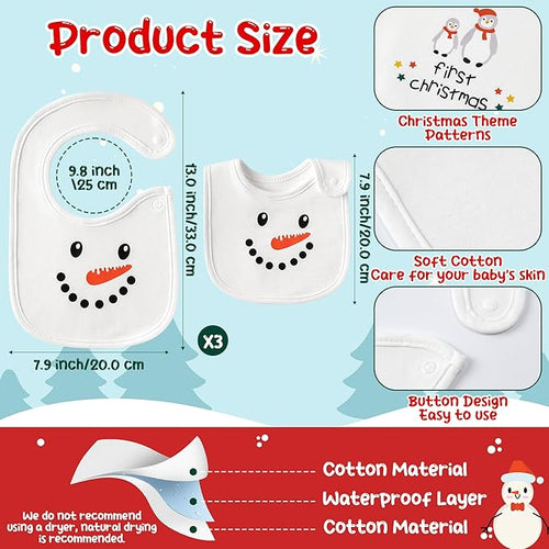 2ooya Christmas Cotton Baby Bibs - 3Pcs Snowman Penguin Toddler Feeding Bibs with Resin Buttons Infant First Christmas Baby Food Bib Xmas Drooling Eating Teething Keepsake Gift for Newborn 6-12 Months