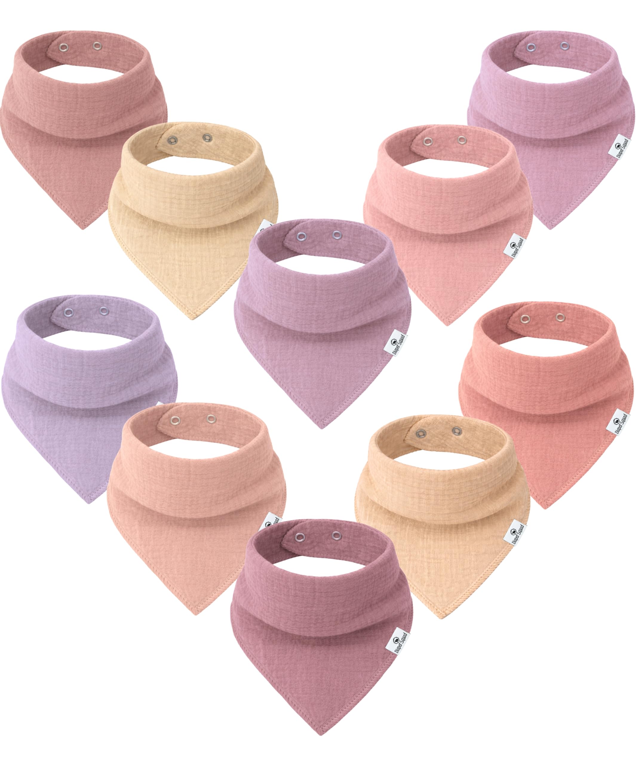 Diaper Squad 10-Pack 100% Organic Muslin Cotton Baby Bibs for Baby Boy, Girl (Girly Solids - 100% Muslin, 10-Pack)