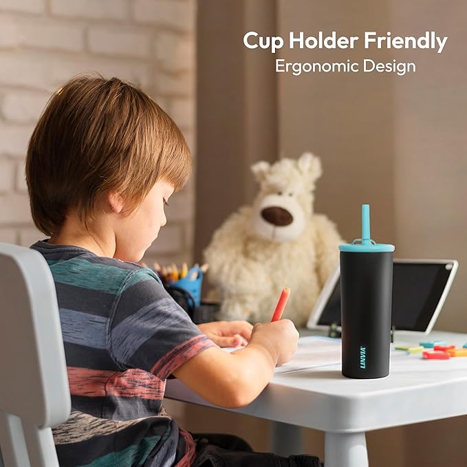 Candy Tumbler, 12 oz Kids Insulated Stainless Steel Water Bottle with Spill Resistant Silicone-Metal Straw and 2-in-1 Lid, BPA-Free, Cup Holder Friendly, Dishwasher Safe, Teal
