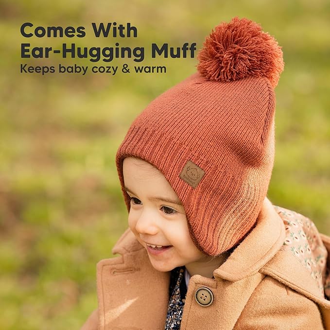 Baby Beanies, Baby Hats for Boys, Girls - Cute Toddler Winter Hat, Soft & Stretchy Beanies for Infant, Newborn 0-6 Months, Cozy & Warm with Earflap Muff & Pom (Clay, S)