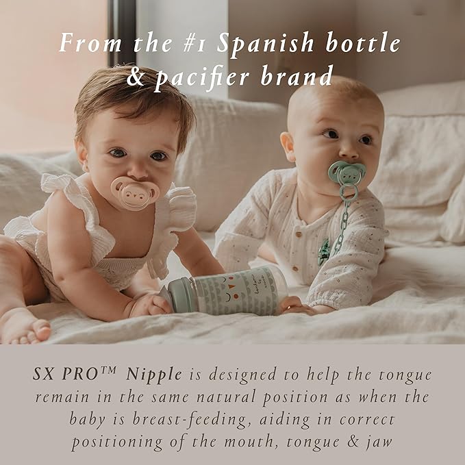 Suavinex Bonhomia SX PRO Physiological Pacifier, Supports Breastfeeding Babies, Pacifiers 18+ Months, 2 Pack Baby Pacifier, Baby Accessories, (Mint/Beige)