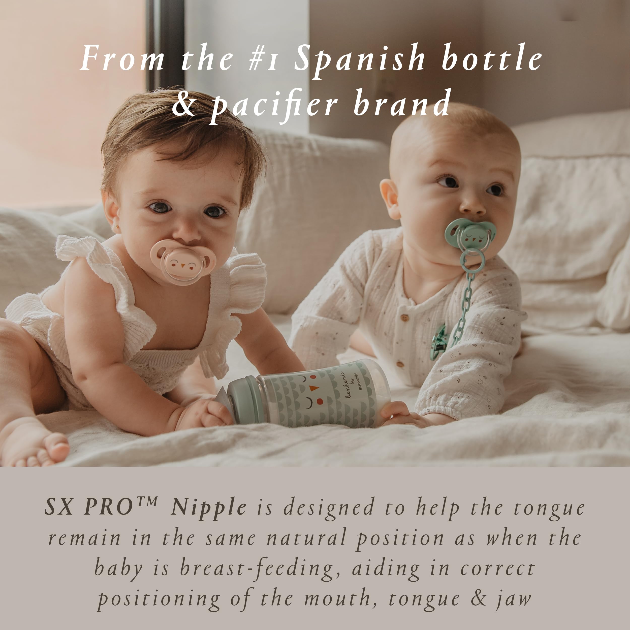 Suavinex Bonhomia SX PRO Physiological Pacifier, Supports Breastfeeding Babies, Pacifiers 0-6 Months, 2 Pack Baby Pacifier, Baby Accessories, (Pink/Beige)