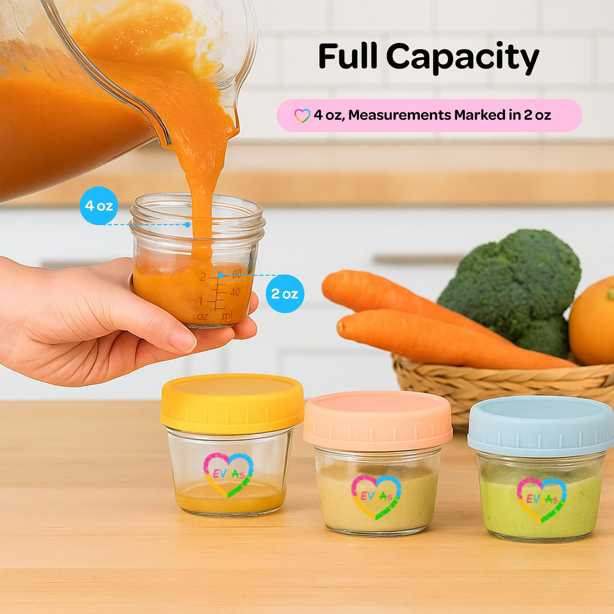 EVLA'S Baby Food Containers, 4oz Glass Jars with Lids, 12-Pack