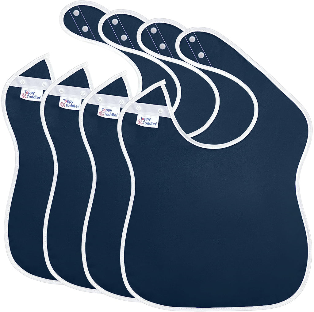 Toppy Toddler - 4 pcs Navy Blue Large Waterproof Baby Bibs for 1-4 years old – Lightweight, Soft & Durable Fabric Bibs with Snap Buttons for Girls and Boys, Dryer safe and Easy to Clean